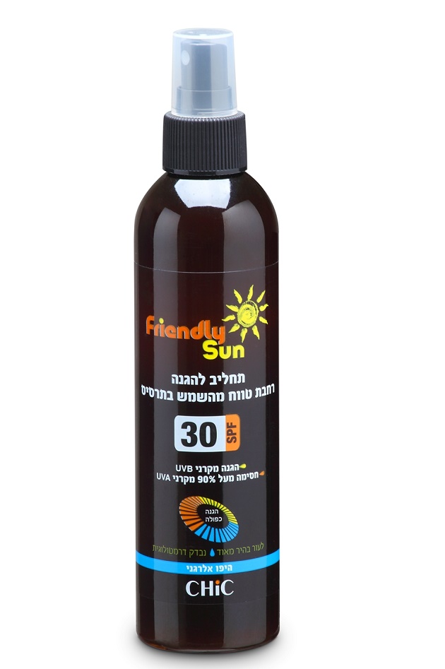 תחליב להגנה רחבת טווח מהשמש בתרסיסSPF 30.